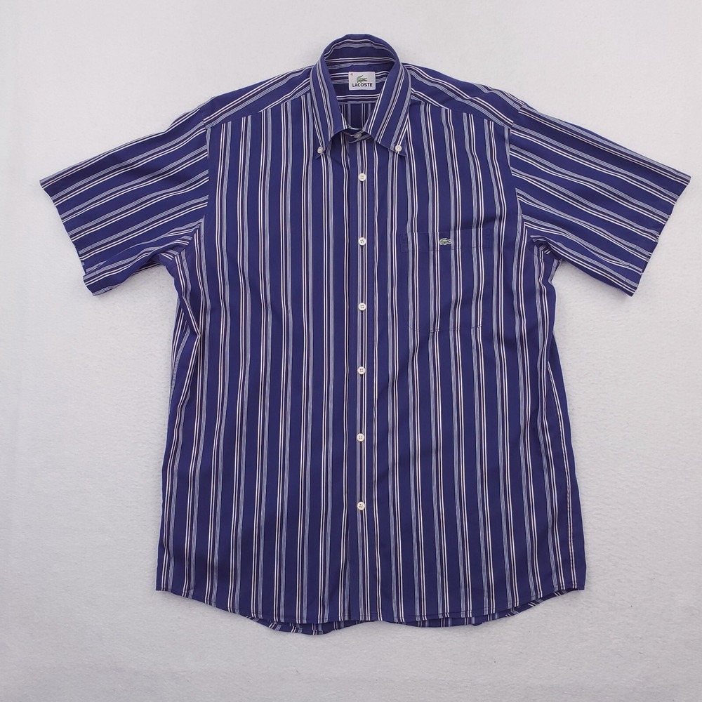Lacoste Shirt Mens 41 Blue Striped Button Up Alligator Logo Preppy Short Sleeve